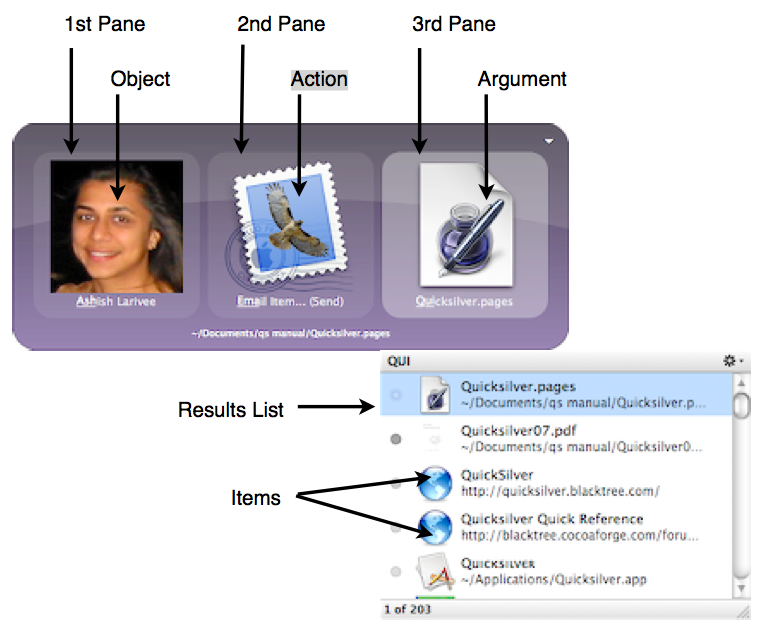 A Quicksilver command is composed of an Object, an Action, and optionally an Argument