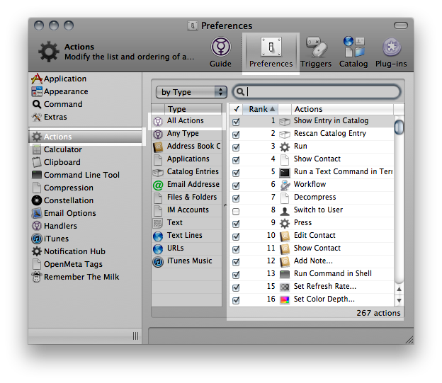 The Actions preference pane